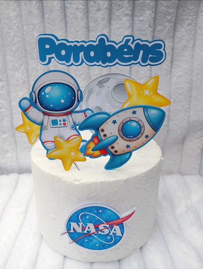 Astronaut ruimte taarttopper set van fotopapier in 2 lagen met raket, maan en sterren