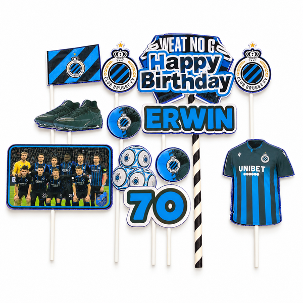 Club Brugge taartdecoratie – voorbeeld met naam Erwin en leeftijd 70 op witte achtergrond