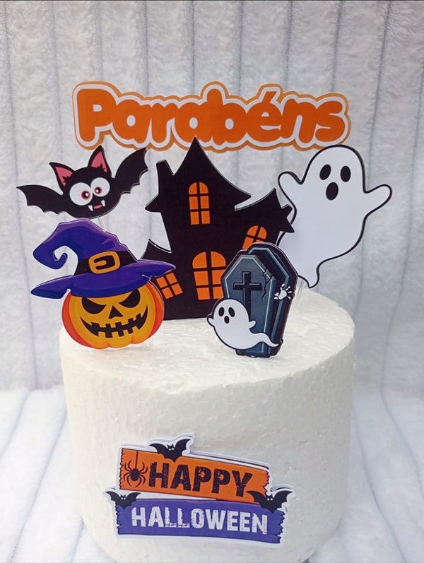 Halloween taarttopper set van fotopapier in 2 lagen met spookhuis, pompoen en spoken