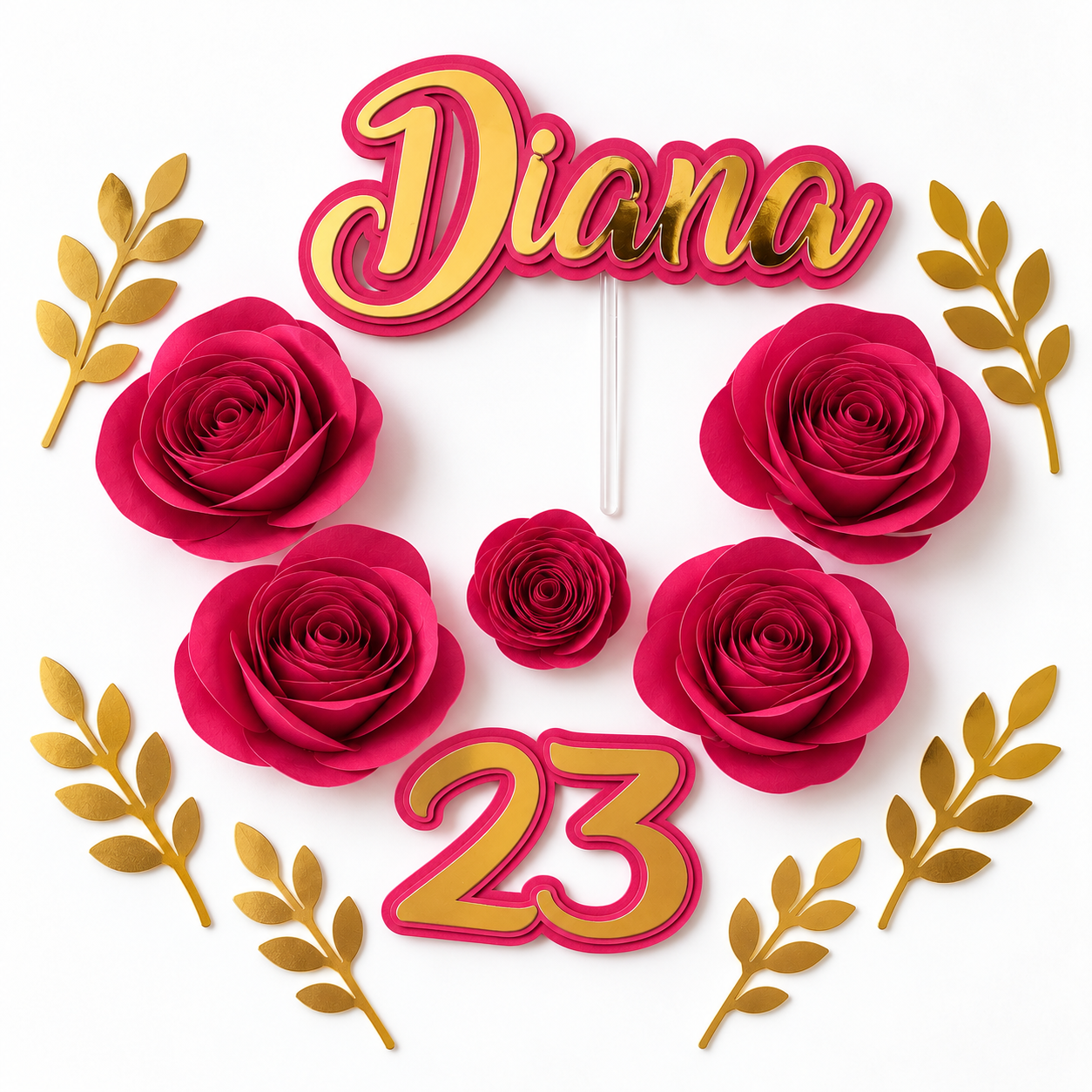 Taartdecoratieset met vijf fuchsia papieren rozen, gouden blaadjes, naam en leeftijd – voorbeeld op witte achtergrond