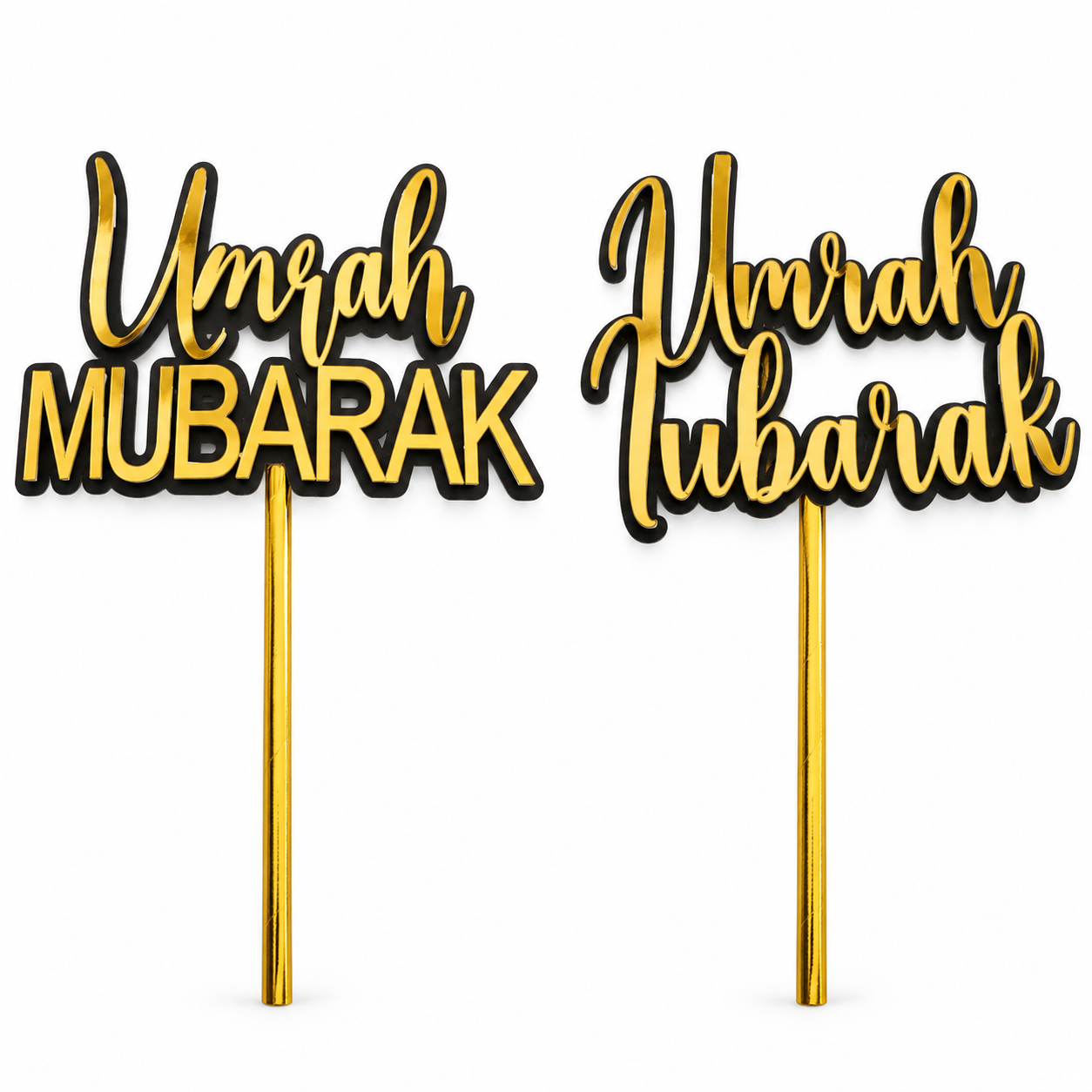 Bewerkte productpresentatie: twee modellen Umrah Mubarak taarttopper in goud en zwart; prijs per gekozen uitvoering
