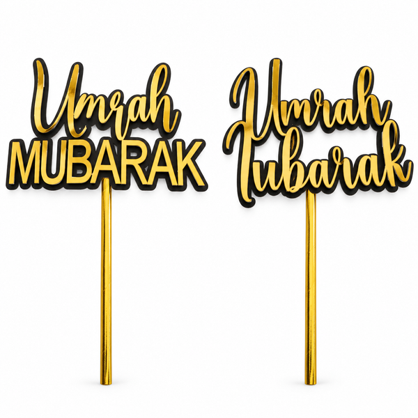 Bewerkte productpresentatie: twee modellen Umrah Mubarak taarttopper in goud en zwart; prijs per gekozen uitvoering
